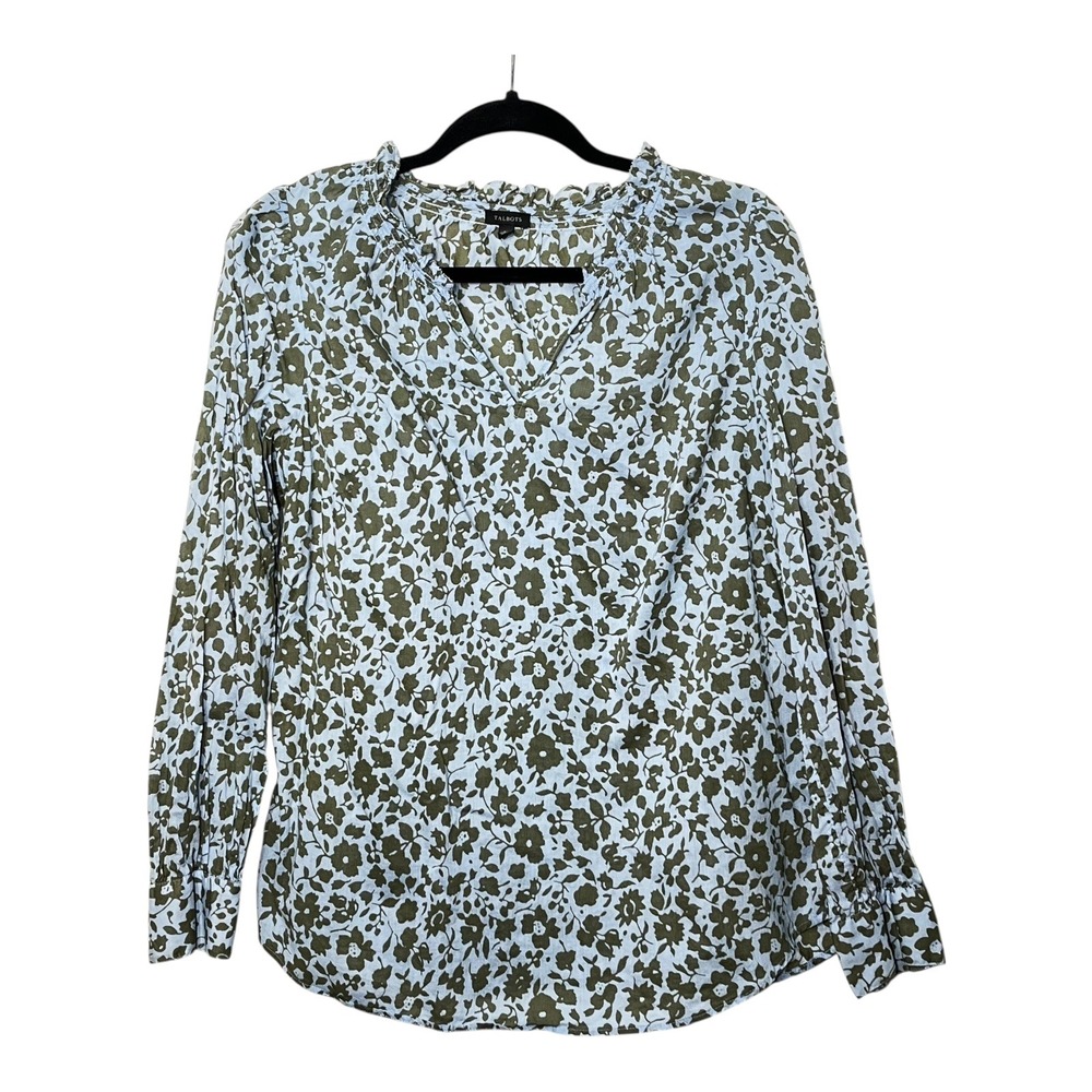 Talbots Womens Large Blue Olive Green Floral Ruffle V-Neck Cotton Blouse L